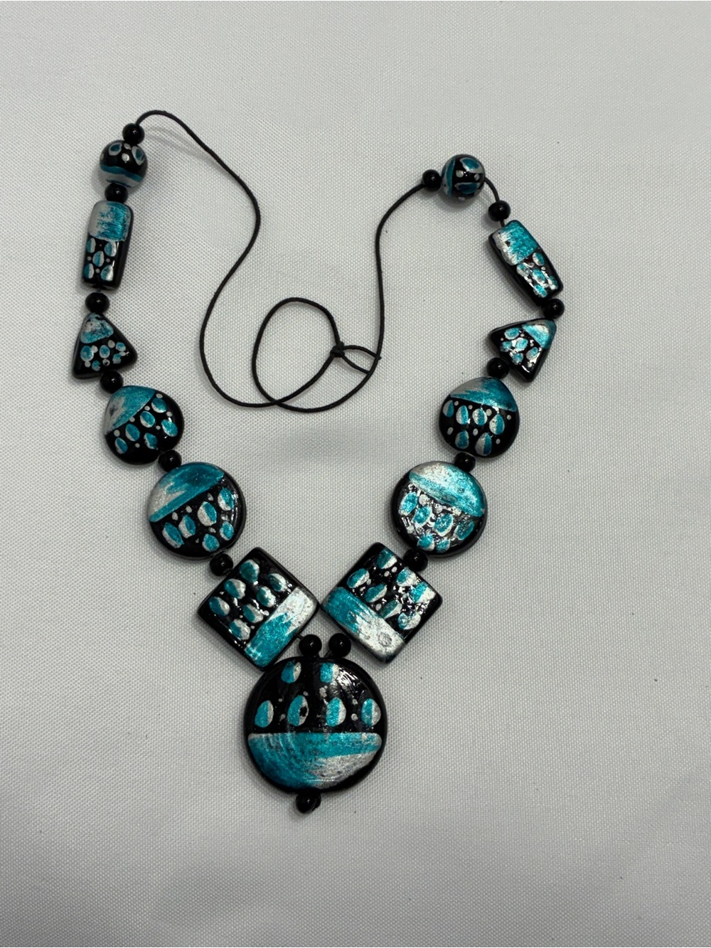 Handcrafted Polymer Clay Statement Cord Necklace Black/Turquoise/Silver Design